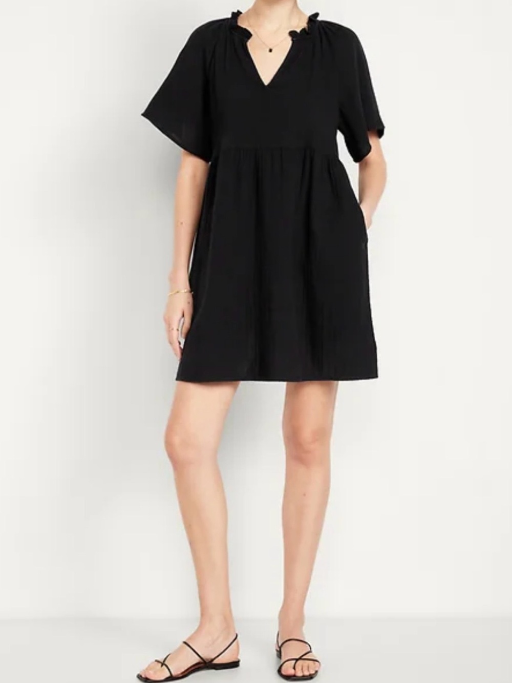 Old Navy Split Neck Cotton Crinkle Gauze Babydoll Swing Dress NWT Black Small